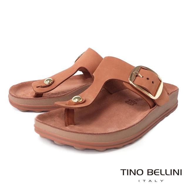 【TINO BELLINI 貝里尼】歐洲進口牛皮T字造型釦帶夾腳涼拖鞋FSQO009(棕)