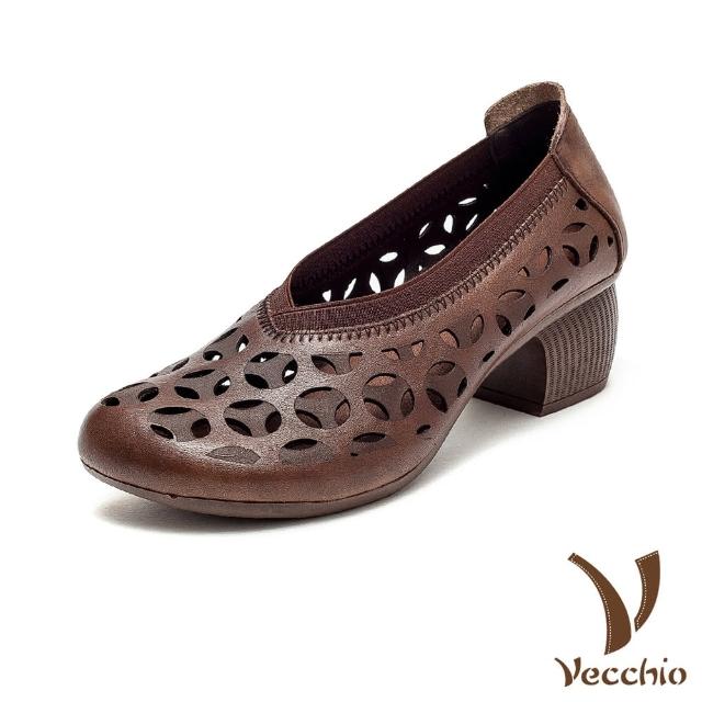 【Vecchio】真皮跟鞋 粗跟跟鞋 縷空跟鞋/真皮頭層牛皮幾何縷空V口造型粗跟鞋(咖)