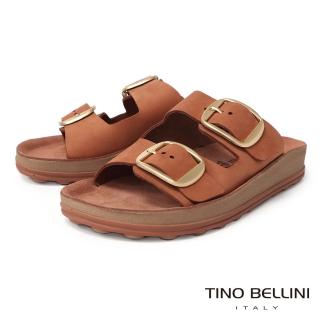 【TINO BELLINI 貝里尼】歐洲進口調節雙釦牛皮寬帶舒適涼拖鞋FSQO008(棕)