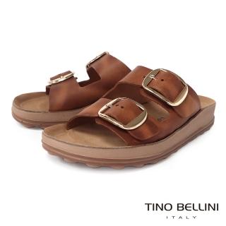 【TINO BELLINI 貝里尼】歐洲進口調節雙釦牛皮寬帶舒適涼拖鞋FSQO008(咖)
