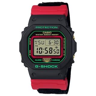 【CASIO 卡西歐】G-SHOCK 紅武士 帆布錶帶手錶 畢業禮物(DW-5600THC-1)