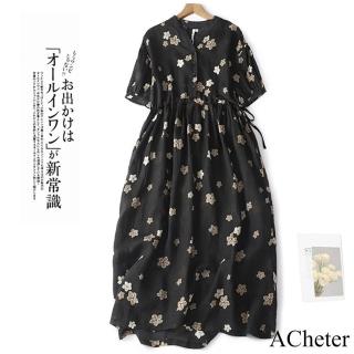 【ACheter】春夏高端歐美印花棉麻感中長版圓領五分袖寬鬆洋裝 #116546(黑色)
