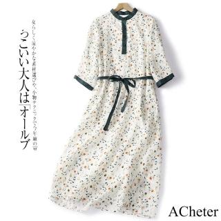 【ACheter】高端蘆麻感碎花撞色圓領七分袖氣質顯瘦長款連身裙洋裝#116560(花紋)