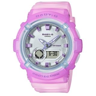 【CASIO 卡西歐】Baby-G LA街頭設計 金屬光感 半透明 雙顯手錶-淺紫x粉 畢業禮物(BGA-280-6A)