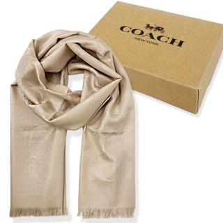 【COACH】新款大C LOGO羊毛混桑蠶絲巾圍巾禮盒(膚金)