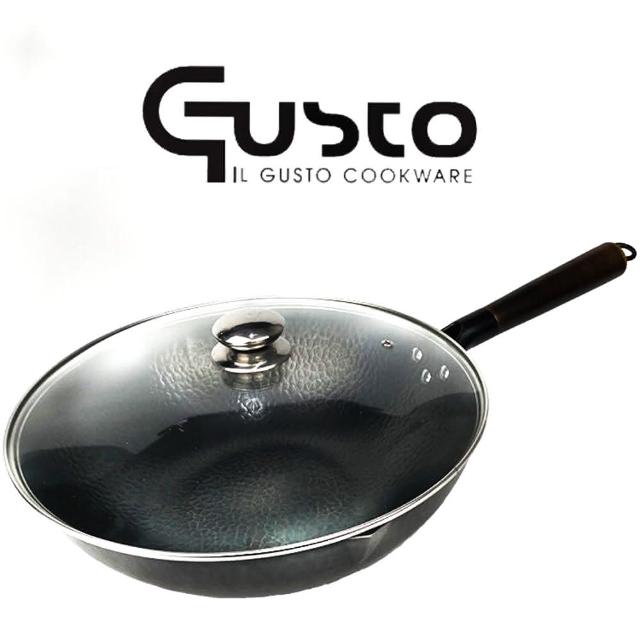 【GUSTO】手工捶打無塗層黑鐵炒鍋32cm(搭配玻璃蓋)