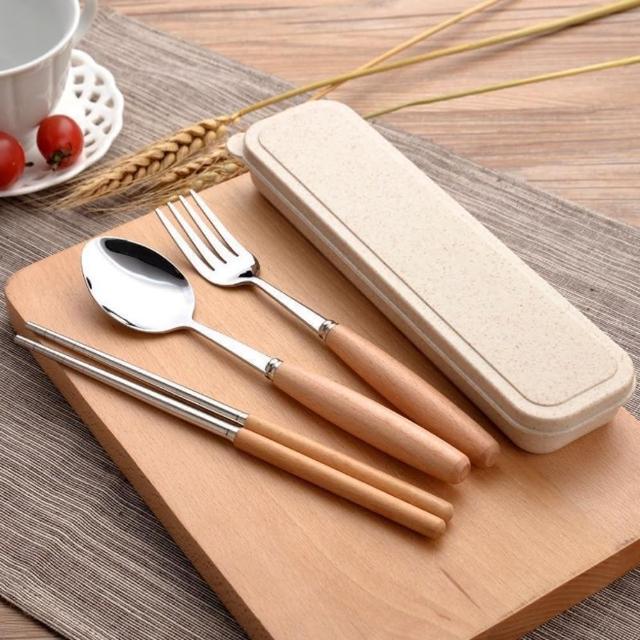 木質不鏽鋼餐具組(餐具組 不鏽鋼餐具 湯匙 筷子 叉子)