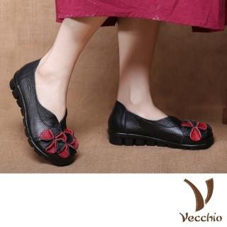 【Vecchio】真皮跟鞋 坡跟跟鞋 撞色跟鞋/立體撞色花朵手工真皮舒適休閒淑女坡跟鞋(3色任選)