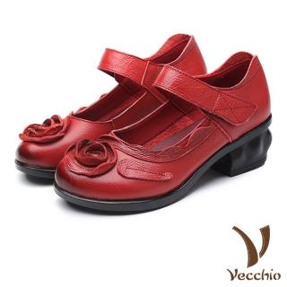【Vecchio】真皮涼鞋 粗跟涼鞋/真皮手工立體花朵造型魔鬼粘粗跟涼鞋(紅)