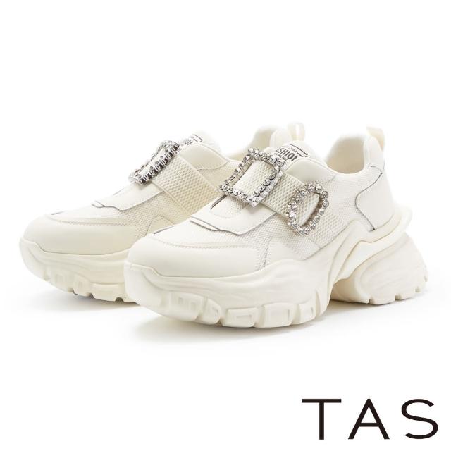 【TAS】雙材質拼接鑽飾老爹厚底休閒鞋(米白)