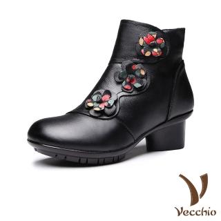 【Vecchio】真皮短靴 粗跟短靴/真皮復古民族風復古花朵圓釦造型粗跟短靴(黑)