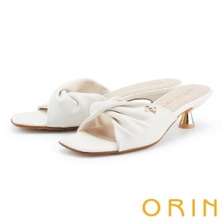 【ORIN】抓皺蝴蝶結羊皮低跟拖鞋(白色)