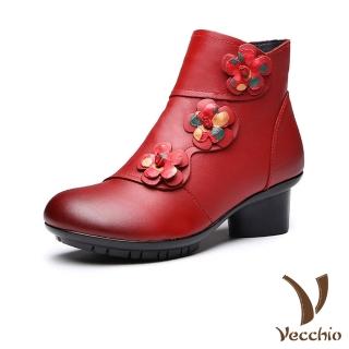 【Vecchio】真皮短靴 粗跟短靴/真皮復古民族風復古花朵圓釦造型粗跟短靴(紅)