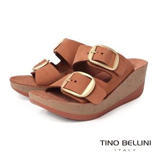 【TINO BELLINI 貝里尼】歐洲進口調節雙釦牛皮寬帶楔型厚底涼拖鞋FSVO003(棕)