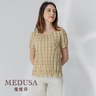 【MEDUSA 曼度莎】現貨-台灣製 黃色格紋休閒上衣（M-2L）｜女上衣 短袖上衣 加大尺碼(101-72001)