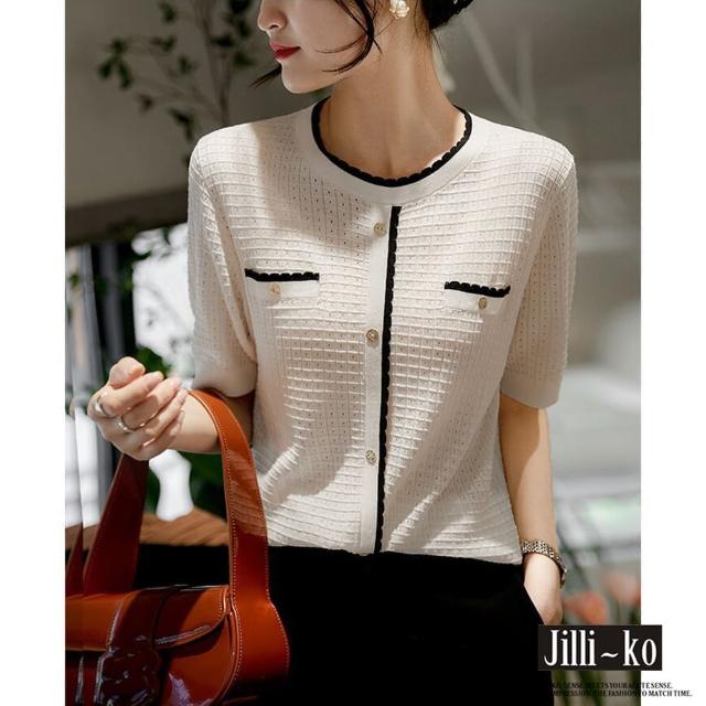 【JILLI-KO】小香風華夫格鏤空設計感針織衫-F(黑/白)