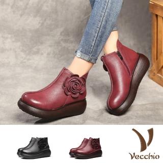 【Vecchio】真皮短靴 厚底短靴/真皮復古優雅立體花朵造型厚底短靴(2色任選)