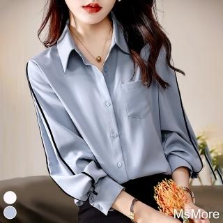 【MsMore】線條設計韓版氣質簡約撞色七分袖百搭襯衫寬鬆短版上衣#116763(2色)