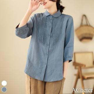 【ACheter】文藝棉麻大碼襯衫翻領七分袖氣質純色寬鬆中長上衣#116729(2色)