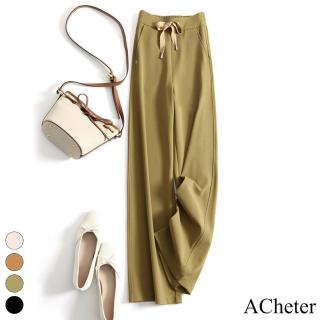 【ACheter】義式品牌奢侈鬆緊腰系帶休閒直筒闊腿長褲#116737(4色)