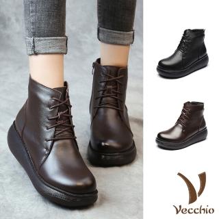 【Vecchio】真皮短靴 厚底短靴/真皮復古繫帶鬆糕厚底休閒短靴(2色任選)