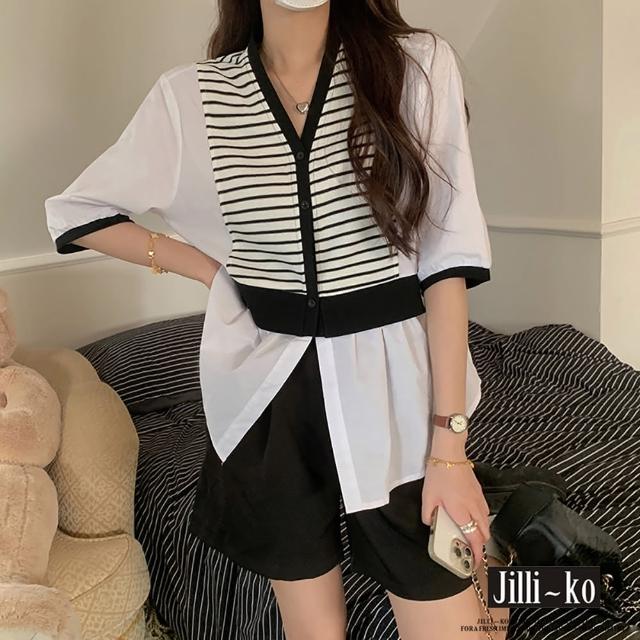 【JILLI-KO】韓版時尚V領拼接條紋設計感上衣-F(黑)