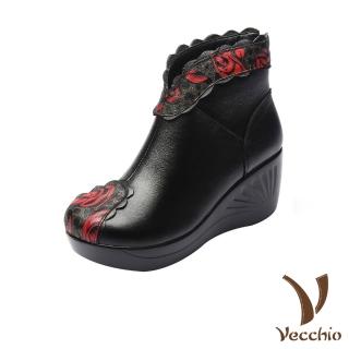 【Vecchio】真皮短靴 坡跟短靴/真皮復古玫瑰印花拼接寬楦坡跟休閒短靴(黑)
