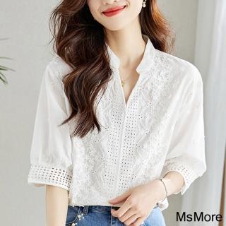 【MsMore】短袖襯衫法式鏤空繡花白色五分袖甜美寬鬆短版上衣#116726(白色)