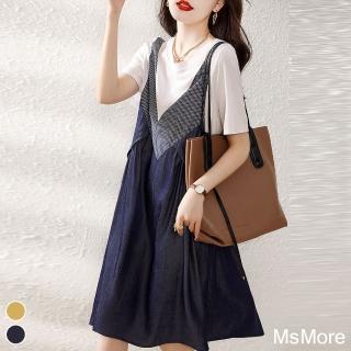 【MsMore】時尚假兩件拼接撞色寬鬆顯瘦連身裙圓領短袖中長版洋裝#116745(2色)