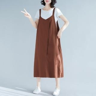 【JILLI-KO】慢生活-文藝設計款大碼寬鬆休閒棉麻背心裙 -F(黑/咖)