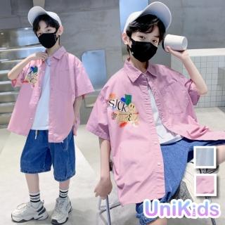 【UniKids】現貨 中大童個性印花短袖襯衫上衣 男大童 CVSY-6250(粉紅 白)