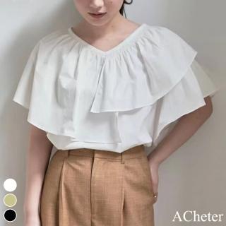 【ACheter】日系寬鬆甜美V領不規則荷葉邊短袖設計感抽褶棉短版上衣#116816(3色)