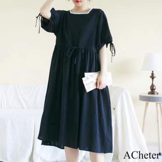 【ACheter】韓版氣質方領花邊連身裙加大碼收腰顯瘦短袖寬鬆長版洋裝#116758(黑色)