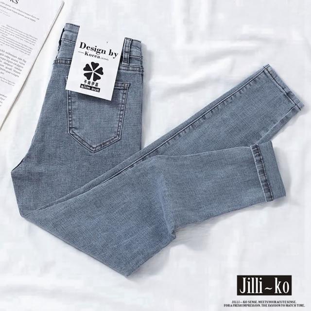 【JILLI-KO】通季款修身顯瘦小腳高彈牛仔褲-M/L/XL(淺藍)