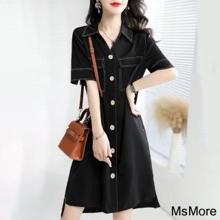 【MsMore】時尚簡約韓版撞色翻領寬鬆顯瘦短袖連身裙中長版洋裝#116594(黑色)