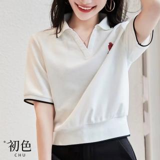 【初色】POLO領玫瑰印花休閒短袖T恤上衣女上衣-共2色-67459(M-2XL可選)