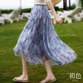 【初色】水墨印花立體斜裁拼接半身裙-霧紫色-67457(M-2XL可選)