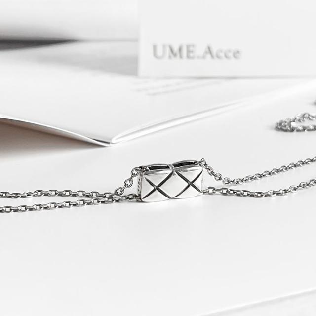 【UME.Acce】格紋雙層純銀項鍊(全純銀 純銀項鍊 菱格紋 S925純銀項鍊 通體純銀)