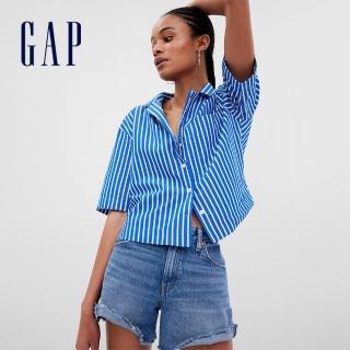 【GAP】女裝 寬鬆短袖襯衫-藍色條紋(626366)