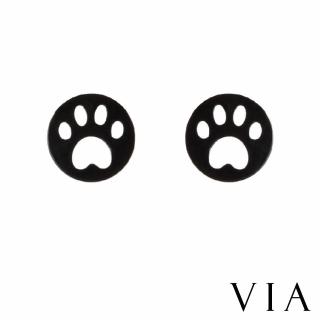【VIA】白鋼耳釘 掌印耳釘/動物系列 可愛圓形縷空掌印造型白鋼耳釘(黑色)