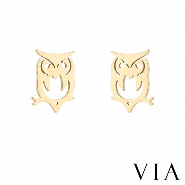 【VIA】白鋼耳釘 貓頭鷹耳釘/動物系列 時尚貓頭鷹造型白鋼耳釘(金色)