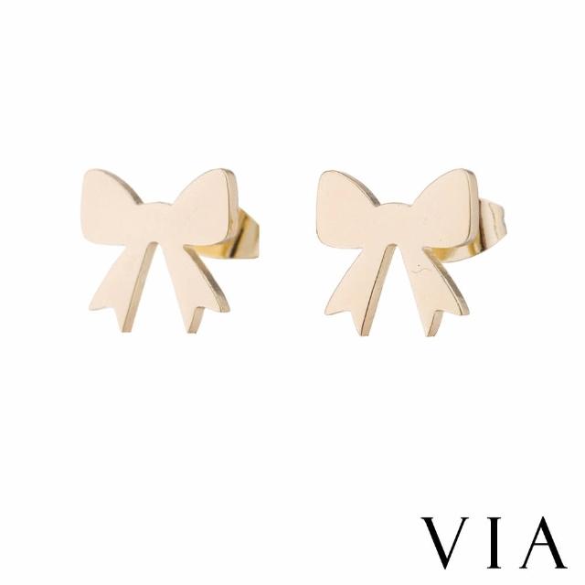 【VIA】白鋼耳釘 蝴蝶結耳釘/時尚系列 甜美蝴蝶結造型白鋼耳釘(金色)