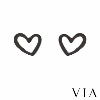 【VIA】白鋼耳釘 愛心耳釘/符號系列 隨性愛心線條造型白鋼耳釘(黑色)