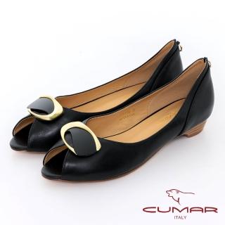 【CUMAR】復古金屬飾釦魚口低跟鞋(黑色)