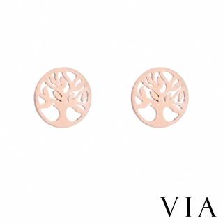 【VIA】白鋼耳釘 縷空耳釘/植物系列 縷空圈圈活力生命樹造型白鋼耳釘(玫瑰金色)