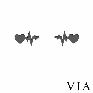 【VIA】白鋼耳釘 愛心耳釘/符號系列 愛心心跳電波造型白鋼耳釘(黑色)