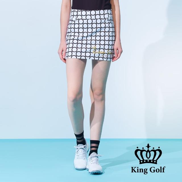 【KING GOLF】實體同步款-女款圈圈圓點彈性印花休閒A字運動褲裙/高爾夫球裙(白色)