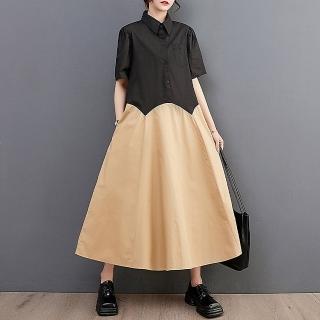 【米蘭精品】洋裝短袖連身裙(藝術感拼接跳色女裙子2色74dy38)