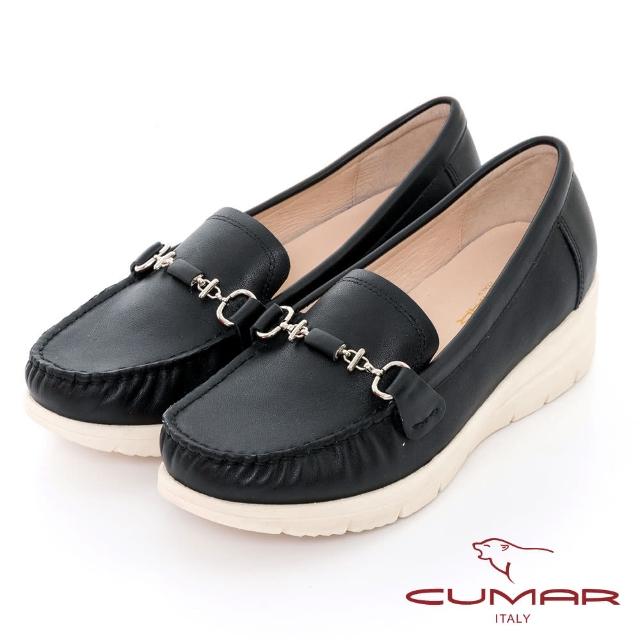 【CUMAR】輕量化厚底台真皮休閒鞋(黑色)