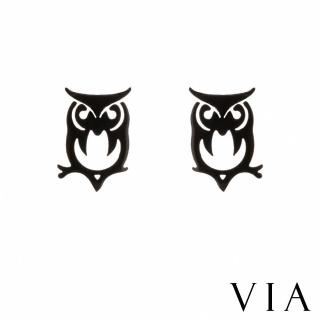【VIA】白鋼耳釘 貓頭鷹耳釘/動物系列 時尚貓頭鷹造型白鋼耳釘(黑色)